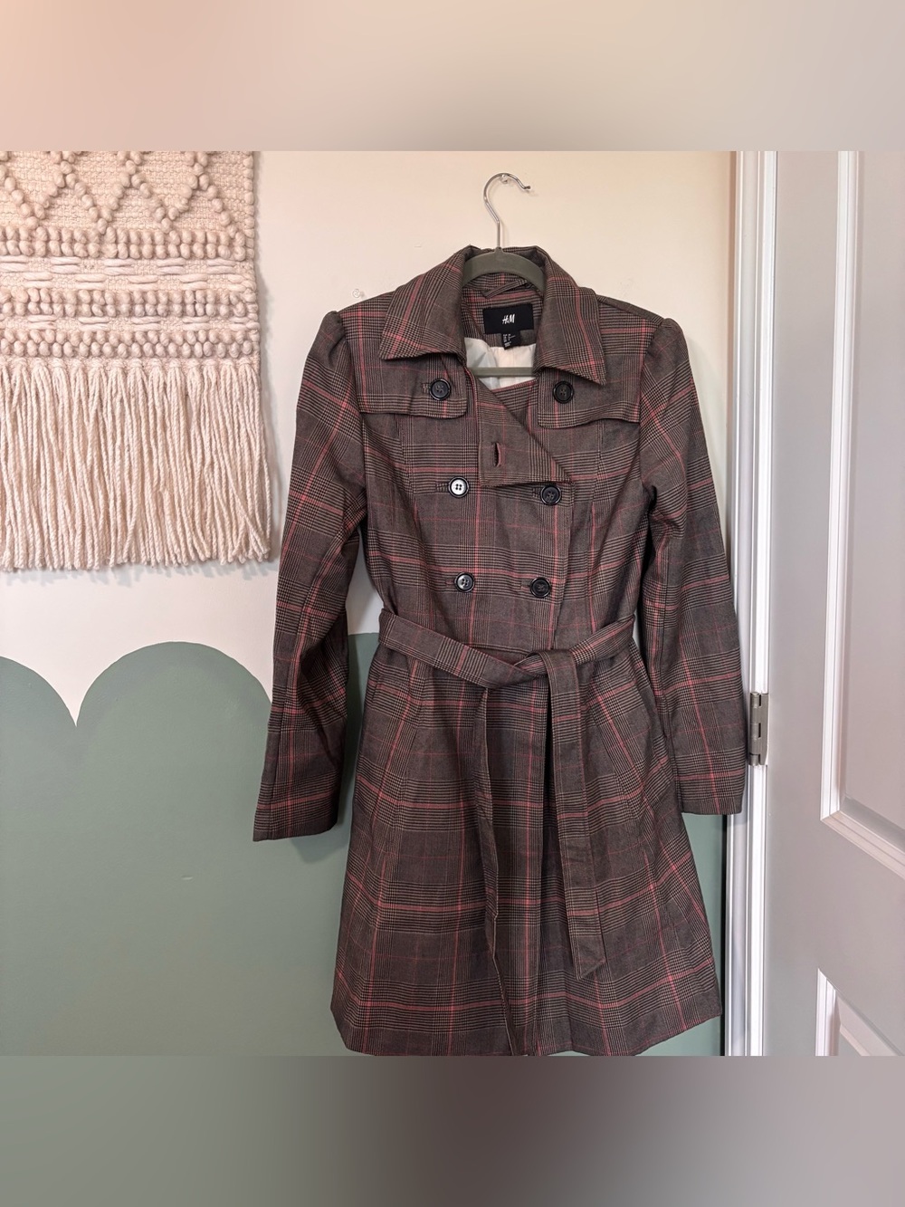 H&M Women's Brown Plaid Trench Coat with Red Windowpane